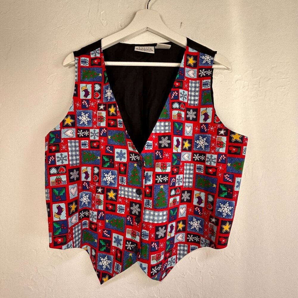 Basic Editions Holiday Womens V-Neck Vest Large Red Christmas Cotton Holiday